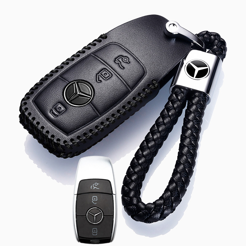 【补贴10%】2020款奔驰真皮钥匙套E级E300L/E260L/ C200L/C260/GLC260L专用扣汽车钥匙包 奔驰E款黑色+绳（智能三键）E级专用