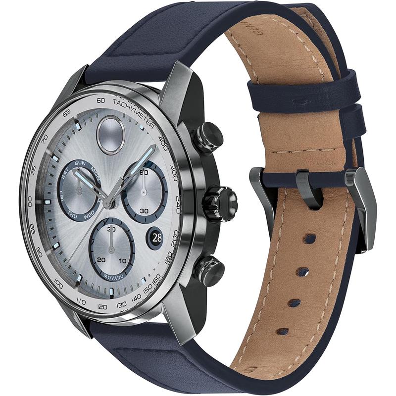 Movado男士石英计时瑞士豪华商务防水皮带灰盘蓝带手表高清大图