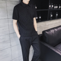 gurunvani 网红条纹polo衫套装男潮牌潮流短袖T恤九分裤男装搭配一套帅气夏装大码