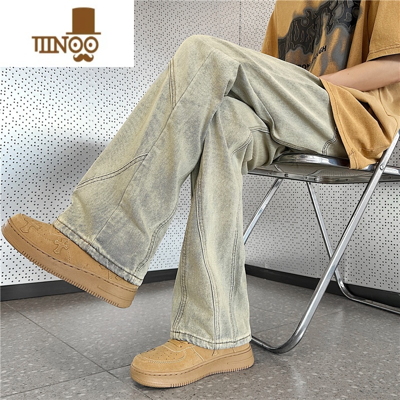 YANXU美式复古vibe裤子高街潮牌水洗做旧黄泥染牛仔裤男设计感休美复美高清大图