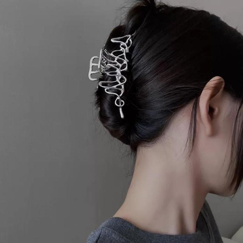夏季新款个性不规则金属发夹女后脑勺盘发大抓夹头辣妹发饰鲨鱼夹银色