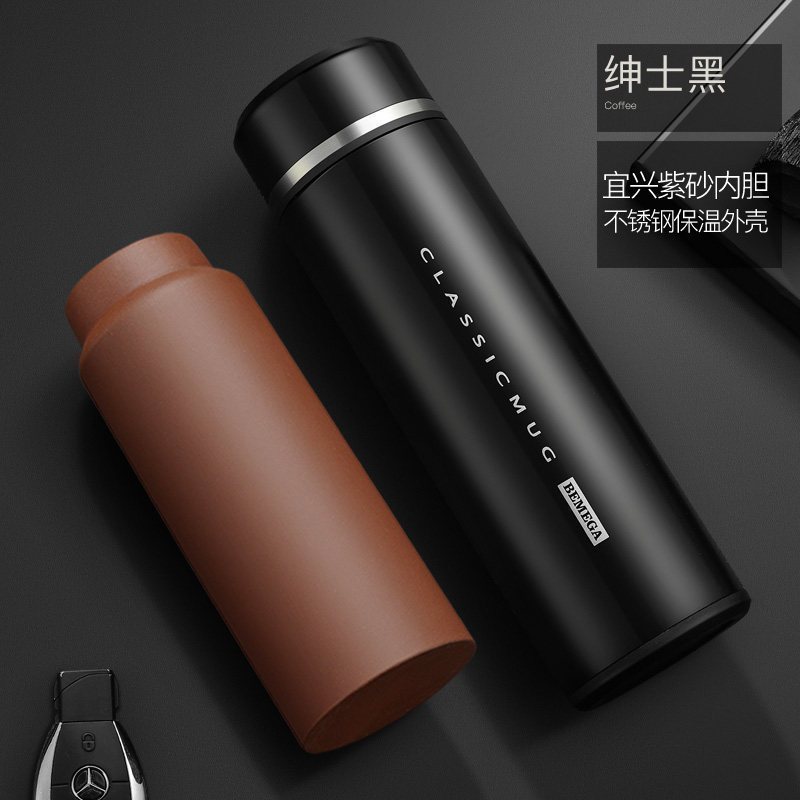 美帮汇紫砂内胆保温杯紫砂杯泡茶杯男士女定制水杯子 名流咖(全钢杯盖智能测温提醒喝水)高清大图