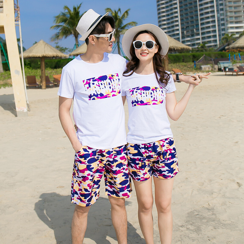 情侣装夏装2018新款韩版短袖t恤女海边套装男女蜜月上衣qlz沙滩服