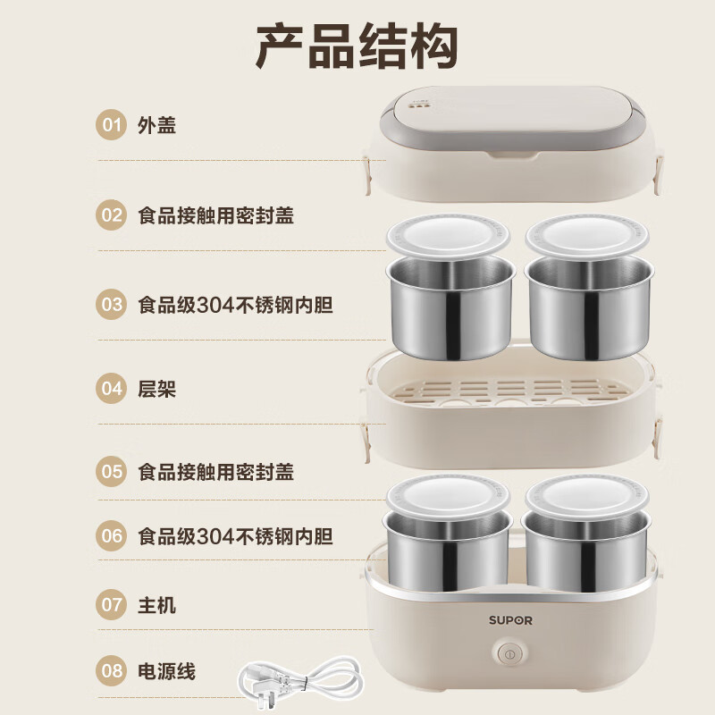 苏泊尔(SUPOR)电热饭盒 2L容量 可煮饭加热饭盒插电保温饭盒304不锈钢内胆 双层电热饭盒 DH04FD815