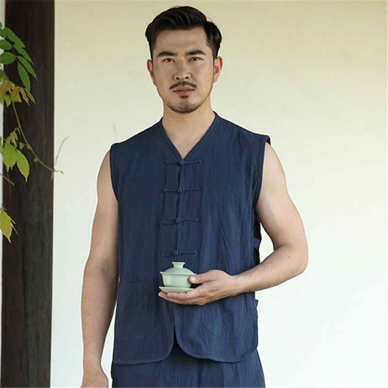 上衣唐装马甲男中式马褂夏季中国风老头衫盘扣汗衫中老年背心黑色165m