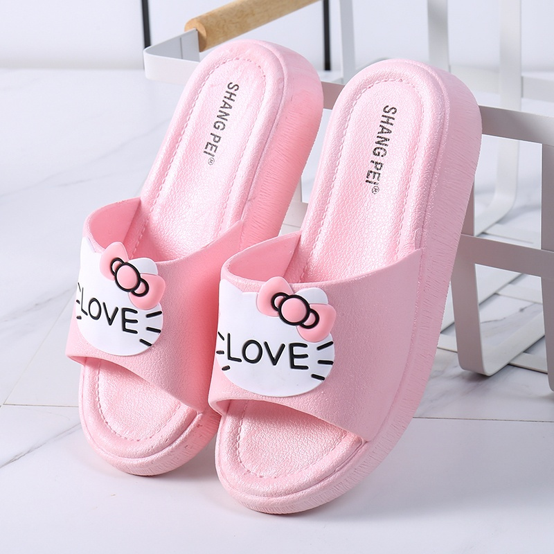 拖鞋女夏厚底高跟韩版学生可爱猫室内浴室凉拖鞋防滑时尚外穿沙滩粉色