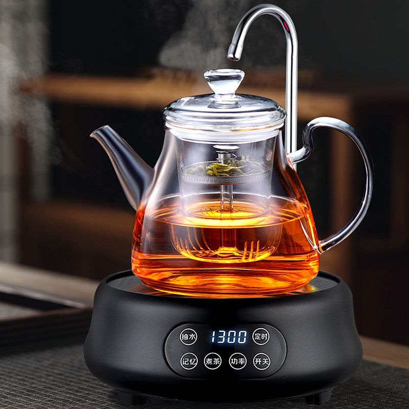 加厚煮茶壶玻璃白茶专用自动上水电陶炉黄金蛋烧水壶套装家用蒸汽煮茶器 双用壶C款+抽水黑色腰型电陶炉+4杯图片