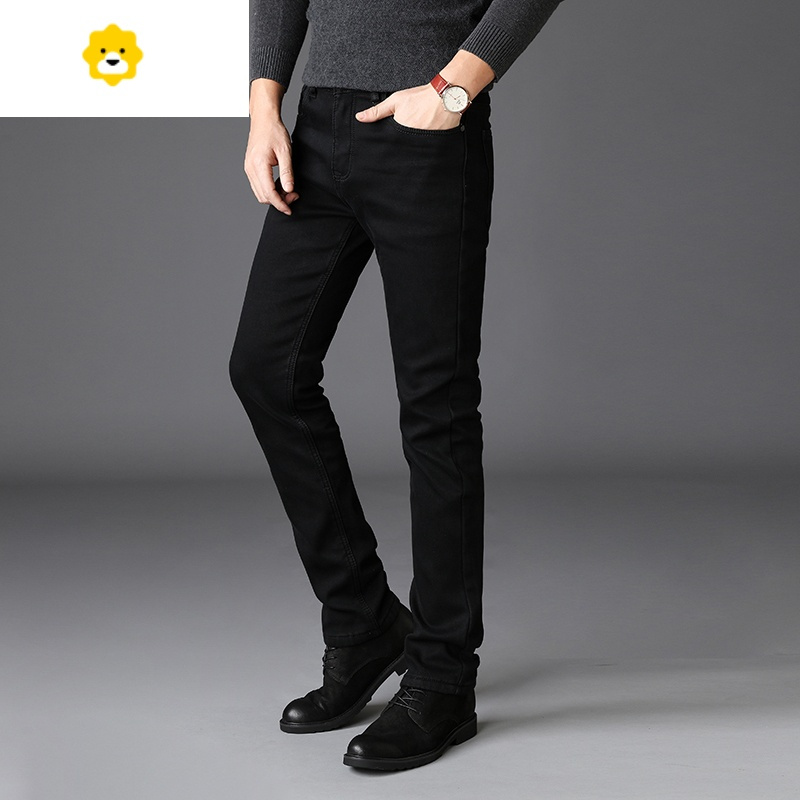 fishbasket纯黑色牛仔裤男季厚款超高弹力直筒裤休闲男士长裤子青年季