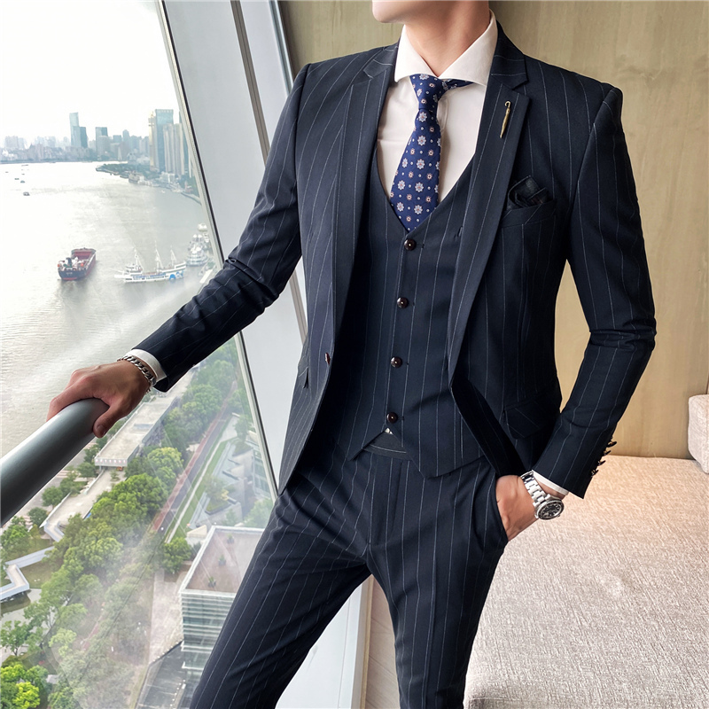 条纹西服套装男休闲小西装修身学生商务职业正装新郎结婚礼伴郎服男士