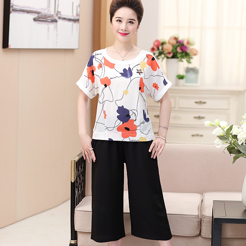 中老年套装女夏装两件套时髦妈妈短袖T恤女夏季雪纺上衣服婆婆装