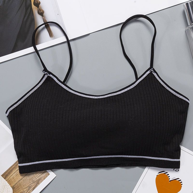 无钢圈内衣薄款带胸垫打底吊带学生高中少女抹胸裹胸聚拢文胸胸罩黑色