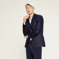 【2件2折价：97.8，3月5日0点】ME&CITY男装商务正装常规亚麻深蓝色西装外套男