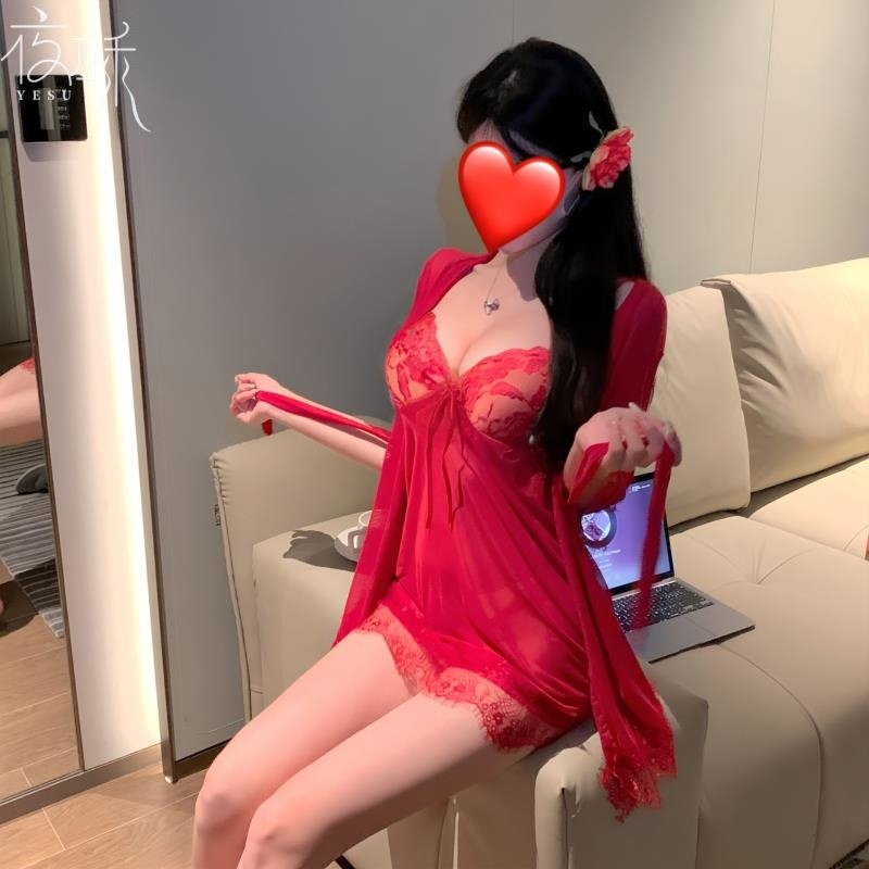 夜酥情趣内衣胸垫性感甜美风网纱露背蕾丝深V诱惑睡裙外袍家居套高清大图