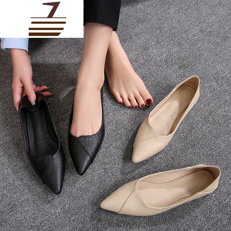 尗卡软底工作鞋女黑色尖头平底鞋防滑舒适浅口上班鞋黑色皮鞋职业单鞋