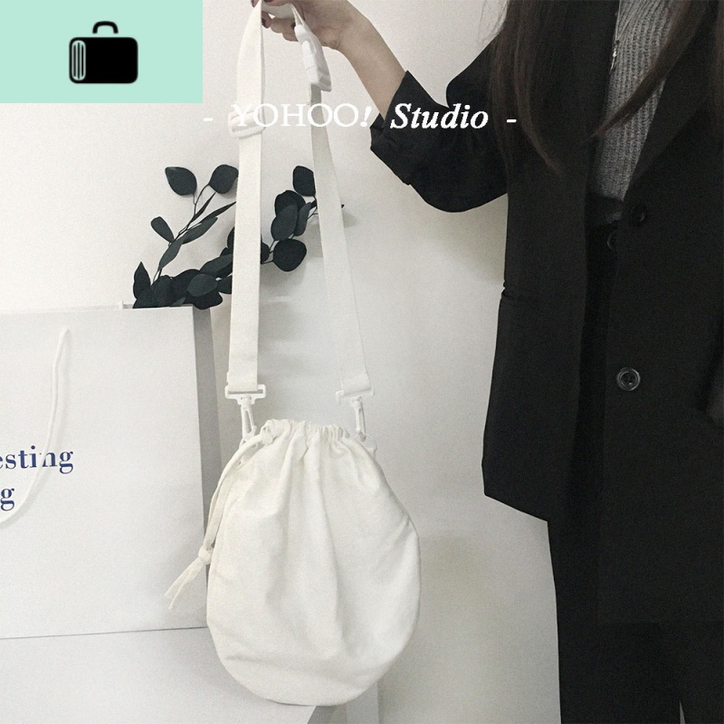 简约抽绳半圆包 纯色百搭斜挎包帆布单肩布袋日韩女小NEW LAKE 白色高清大图