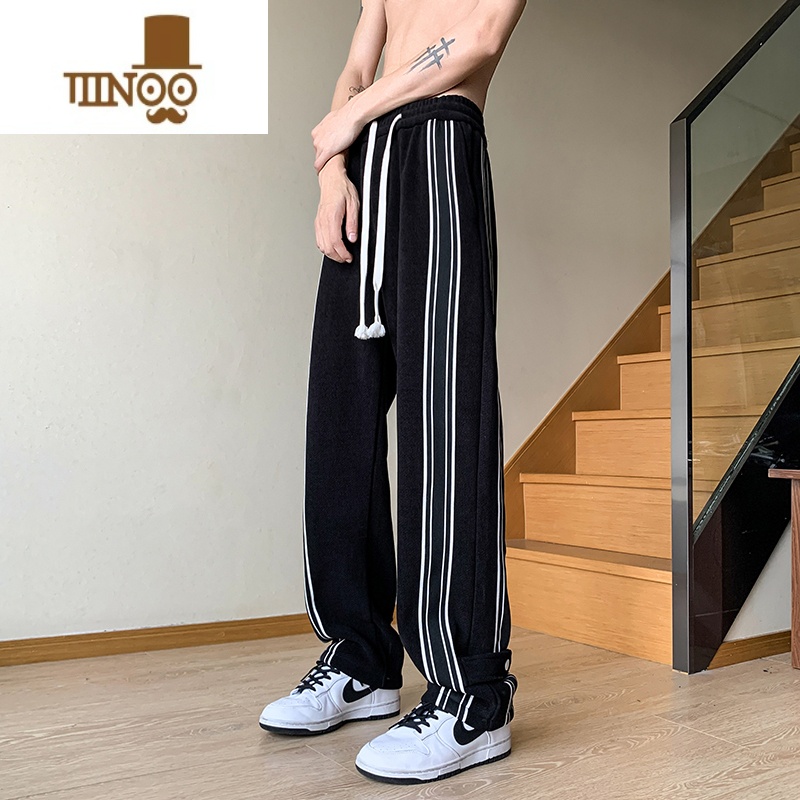 YANXU黑白条纹裤子男夏季美式高街垂感直筒运动裤潮牌宽松阔腿休闲长动高清大图