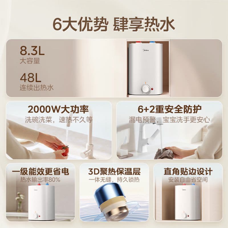美的[3年质保]上出水电热水器小厨宝家用8.3L迷你大水量连续出水搪瓷内胆一级能效速热F8.3-20CB(ES)图片