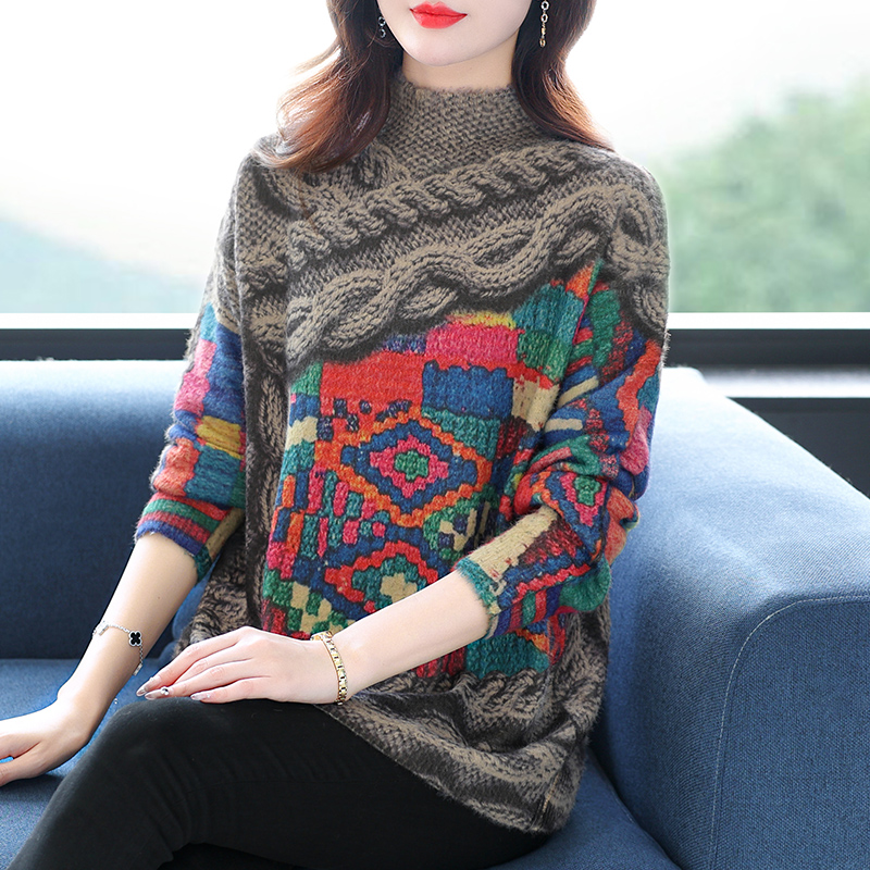欧洲站设计高端印花半高领羊绒衫毛衣女士宽松春秋2024新款春秋装时尚洋气妈妈上衣针织衫打底衫羊毛衫套头毛衣女装