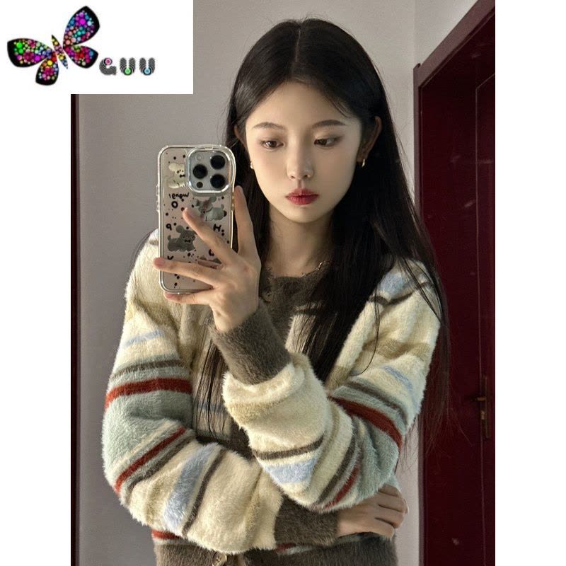 语娄彩色条纹针织毛衣女秋季2023新款日系复古慵懒风短款开衫上衣外套图片