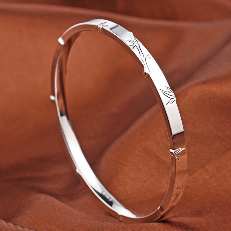 竹子手镯纯银女闭口扁条9999足银年轻款民族风送女友礼物银镯子送女朋友老婆情人节七夕生日礼物