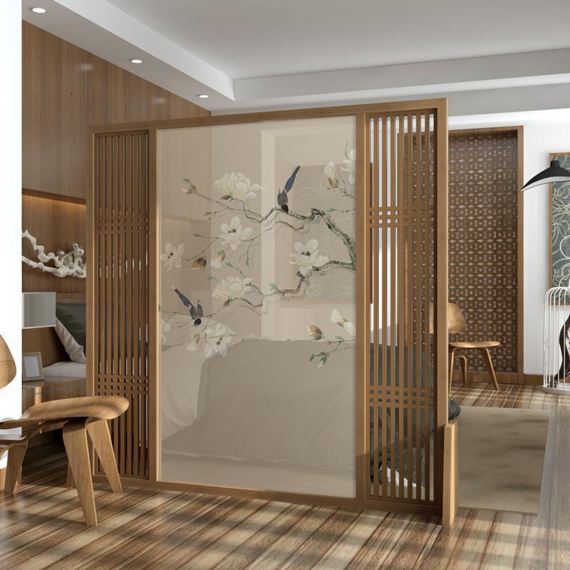 森美人新中式实木屏风隔断客厅布艺玄关卧室简约现代进遮挡家用小户型 北美胡桃木120*180cm整装