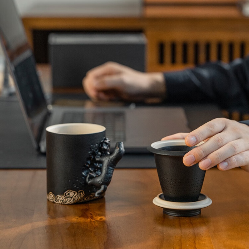 万仟堂高档办公杯 陶瓷杯男士水杯 杜虎杯黑铁釉300cc高清大图