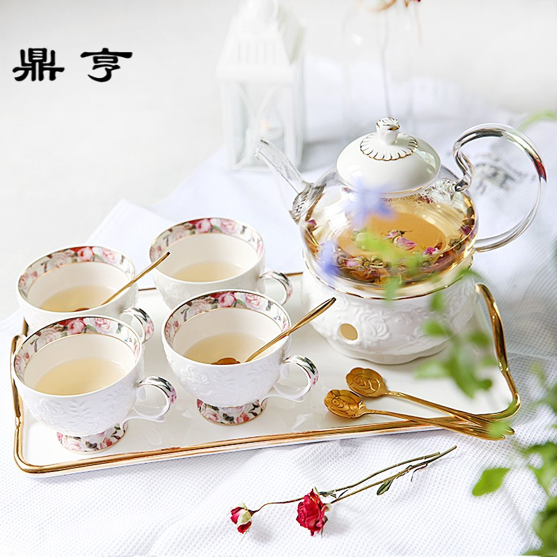 鼎亨欧式花茶壶套装 蜡烛加热水果茶壶 陶瓷花茶杯套装 玻璃花茶