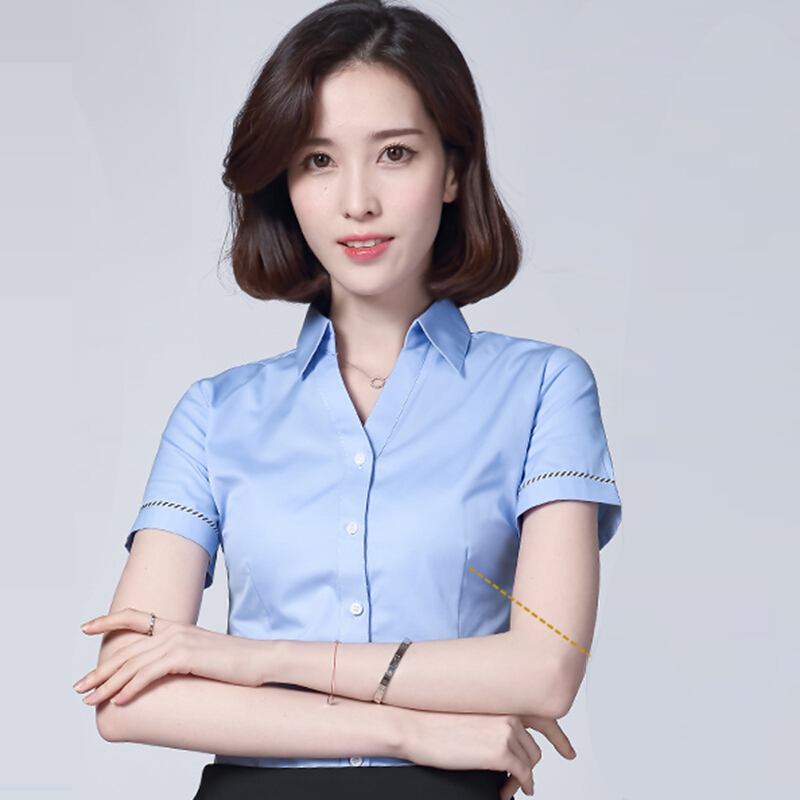 2018白V领衬衫款短袖职业修身作正袖衬衣