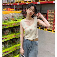 唐狮夏季新款条纹针织镂空背心女设计感显瘦外穿美式吊带无袖上衣_47 M 米白/C款