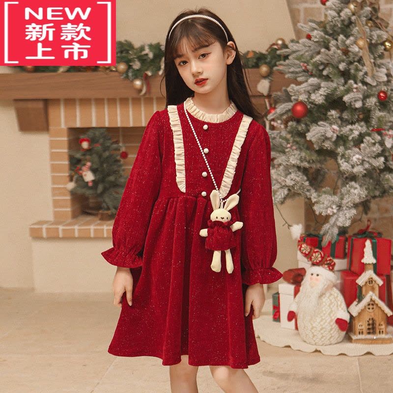 可莉允女童红色连衣裙秋冬款洋气儿童中大童女孩针织衫圣诞新年毛衣裙子图片