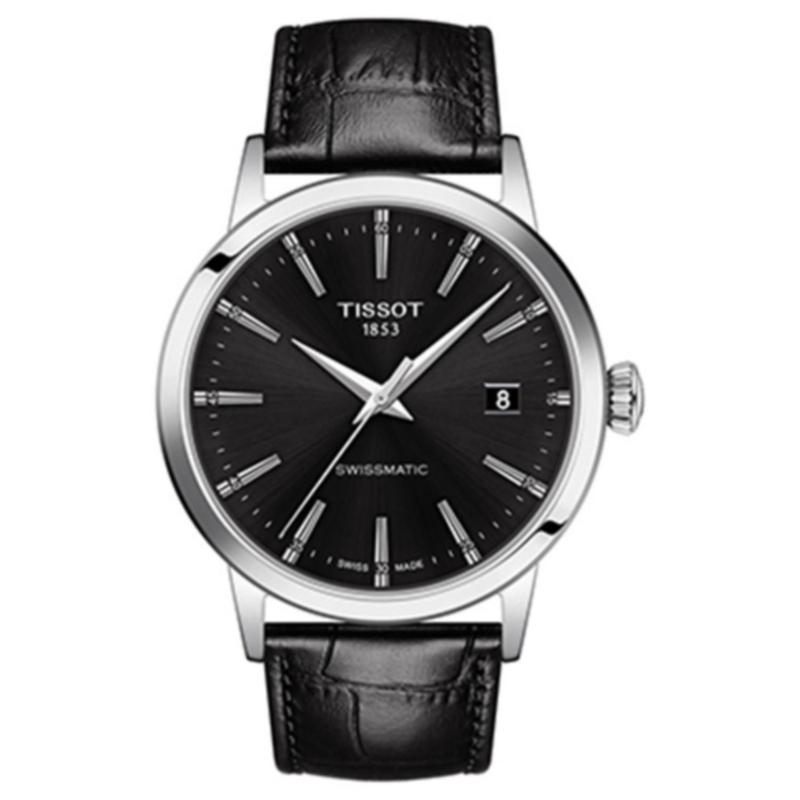 天梭(TISSOT)男士瑞士自动经典黑皮带手表42mm