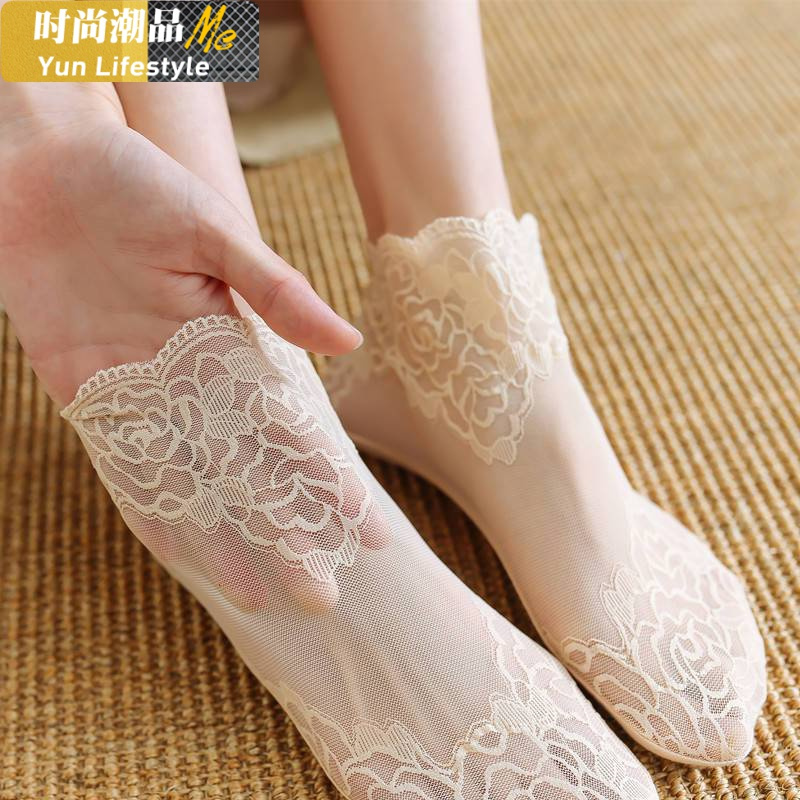 YUNWUXIN蕾丝袜子女花边短袜浅口日系棉船袜夏季韩国百搭薄款透气水晶袜袜子