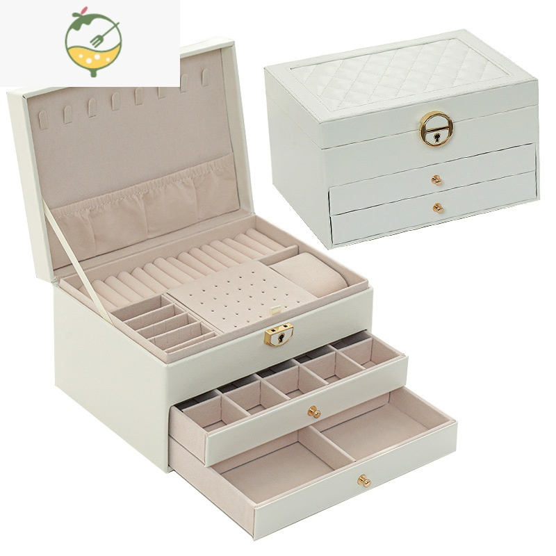 YICHENG白色PU多功能首饰盒大三层带锁皮质珠宝首饰收纳盒耳环饰品盒耳饰