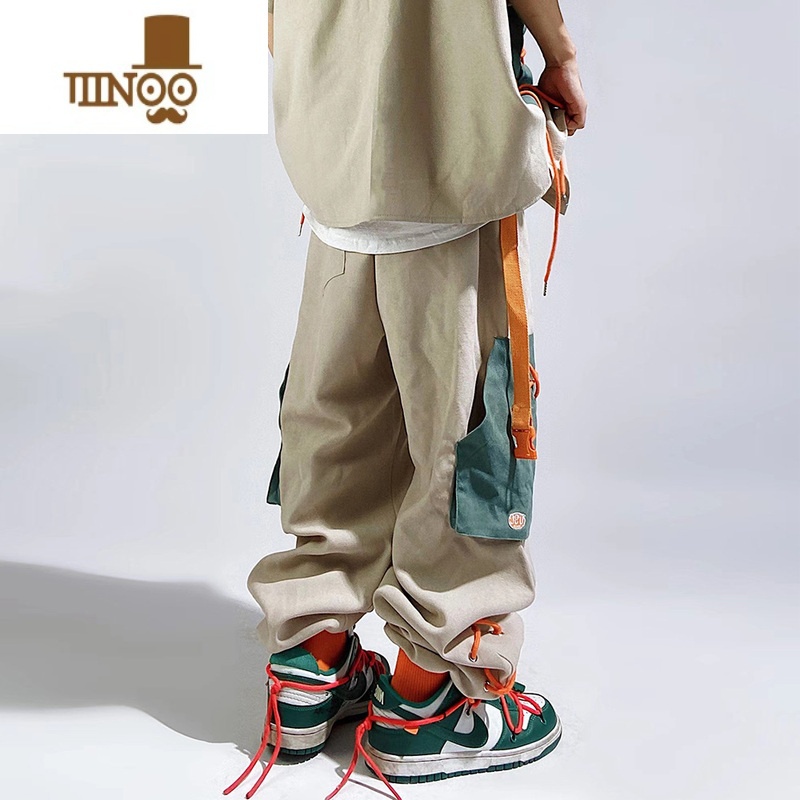 YANXU日系嘻哈直筒休闲运动裤潮牌多口袋工装宽松大码束脚长裤牌高清大图