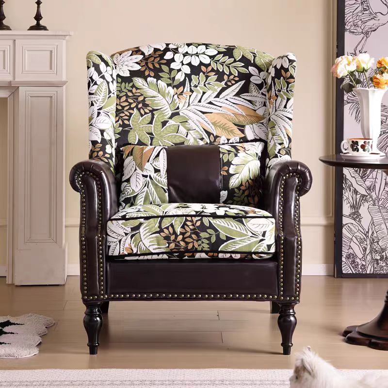 繁花老虎椅法式复古风布艺真皮拼接单椅美式客厅高背休闲单人沙发高清大图