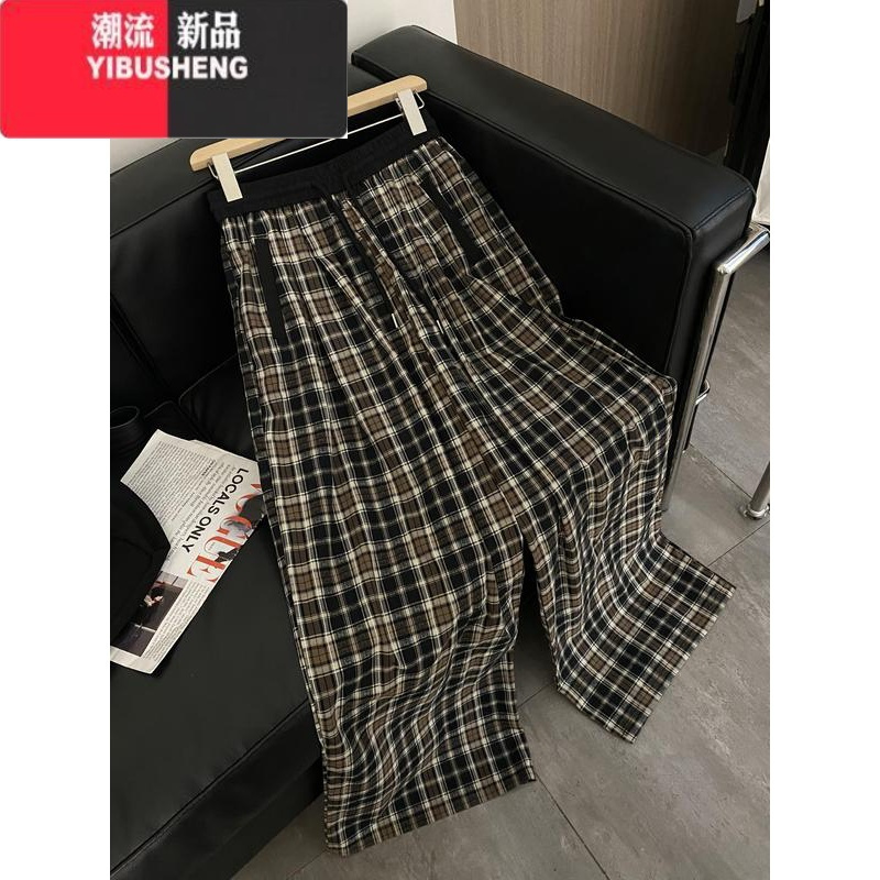 YIBUSHENG2024新品阔腿裤女季宽松显瘦直筒高腰复古撞色格纹拖地休闲裤子