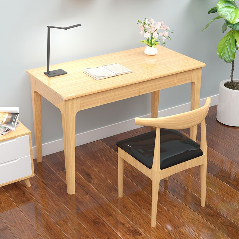 绵冠(MIANGUAN)实木书桌现代简约电脑桌椅学生写字桌办公桌北欧原木 书桌+牛角椅 1.2米（原木色）