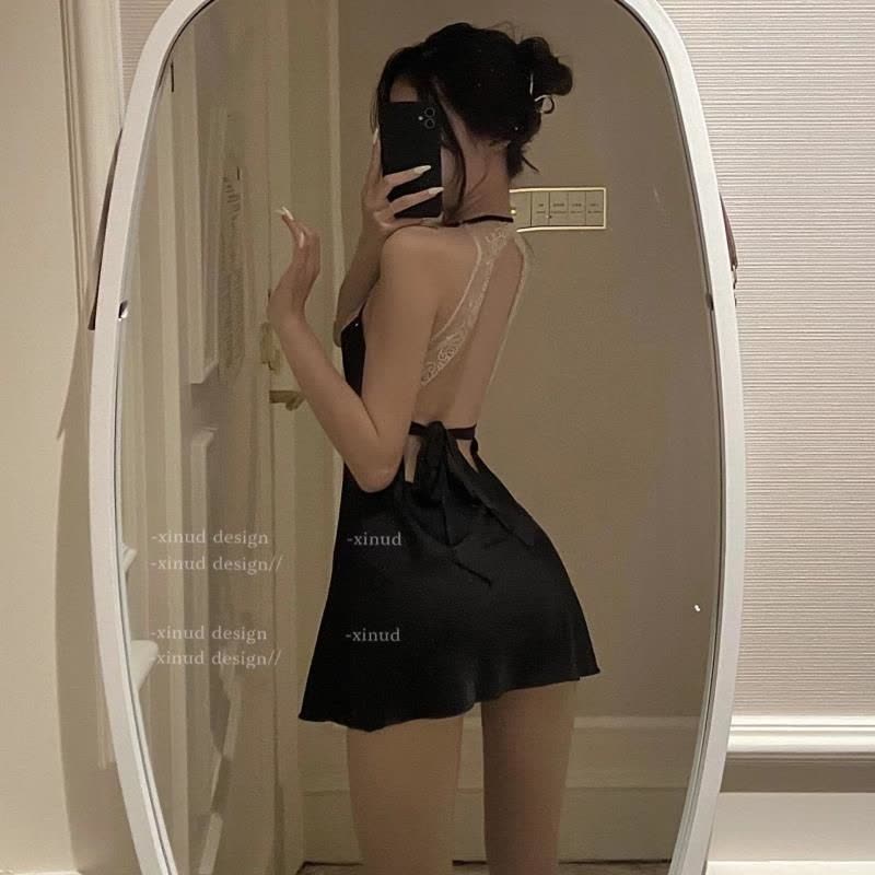 夜酥性感内衣深V挂脖睡衣女性露背诱惑火辣缎面吊带睡裙蕾丝批发图片