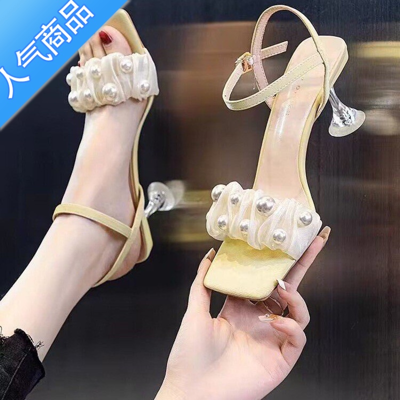 SUNTEK凉鞋女珍珠一字带时装鞋2023夏季新款气质水晶跟配裙子露趾高跟鞋高清大图