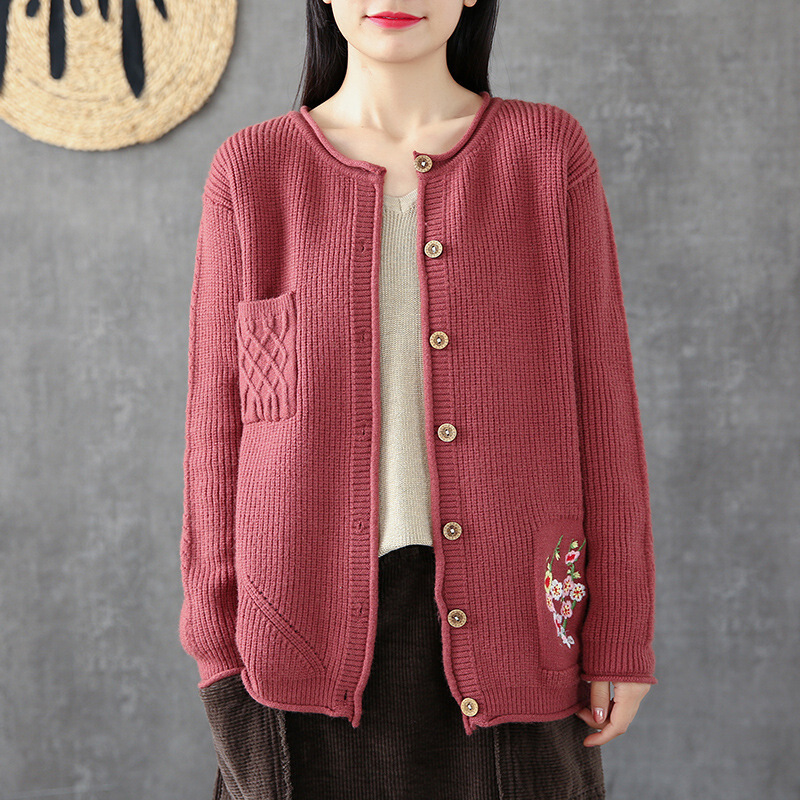 手工绣花慵懒风毛衣外套女士秋装上衣宽松文艺针织衫开衫藏青色均码