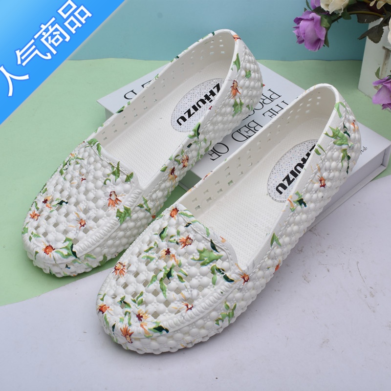 SUNTEK23夏季新款女镂空洞洞女凉鞋印花塑料平底女鞋软底妈妈花园鞋透气