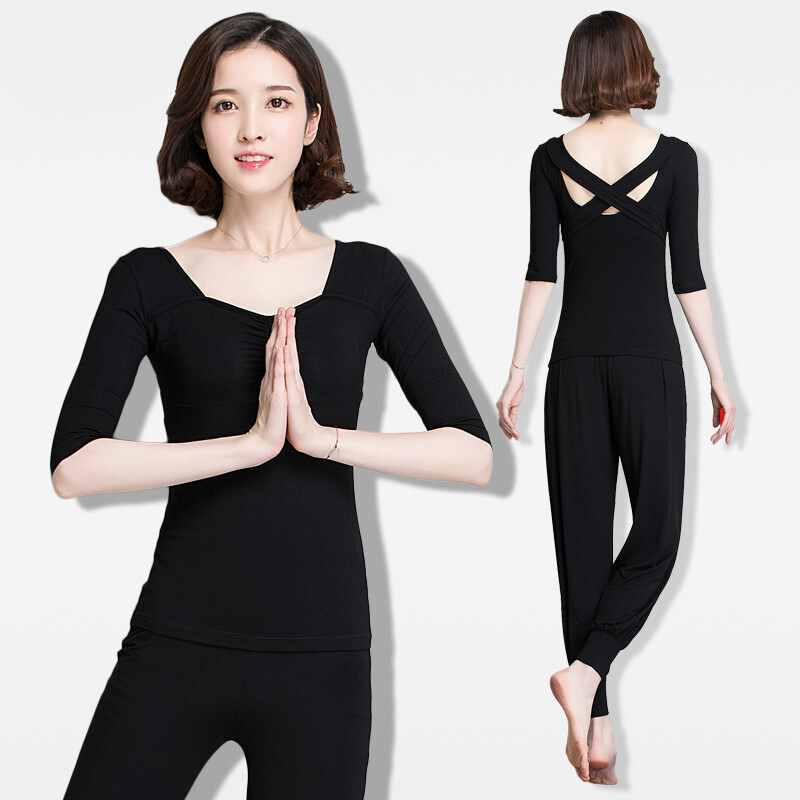 秋冬新款瑜伽服套装女灯笼裤运动莫代尔瑜珈舞蹈健身黑色