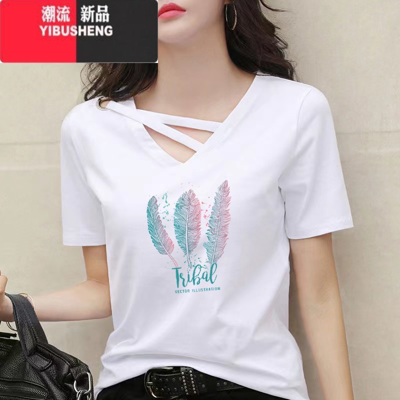 YIBUSHENGv领短袖t恤女2024季韩版新款宽松显瘦百搭设计感印花上衣潮高清大图