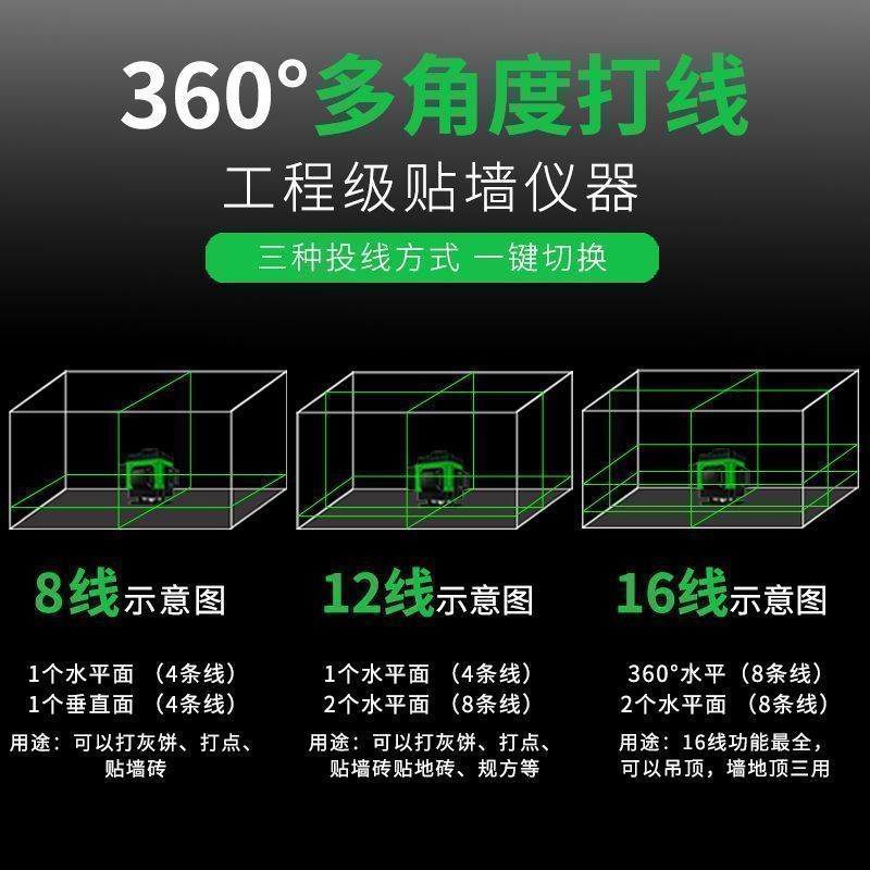 水平仪蓝光12线绿光16线红外线8线高精度古达强光3d贴墙贴地仪 超亮12线蓝光全套