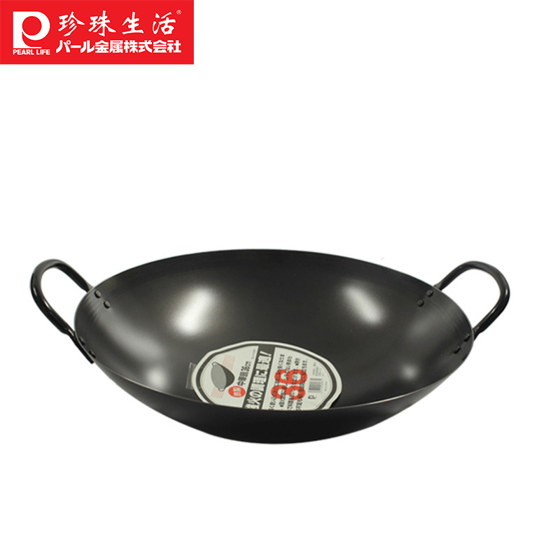 珍珠生活(PEARL LIFE)炒锅铁锅H-8987无涂层不易粘日本制造原装进口高纯铁传统双耳大口径