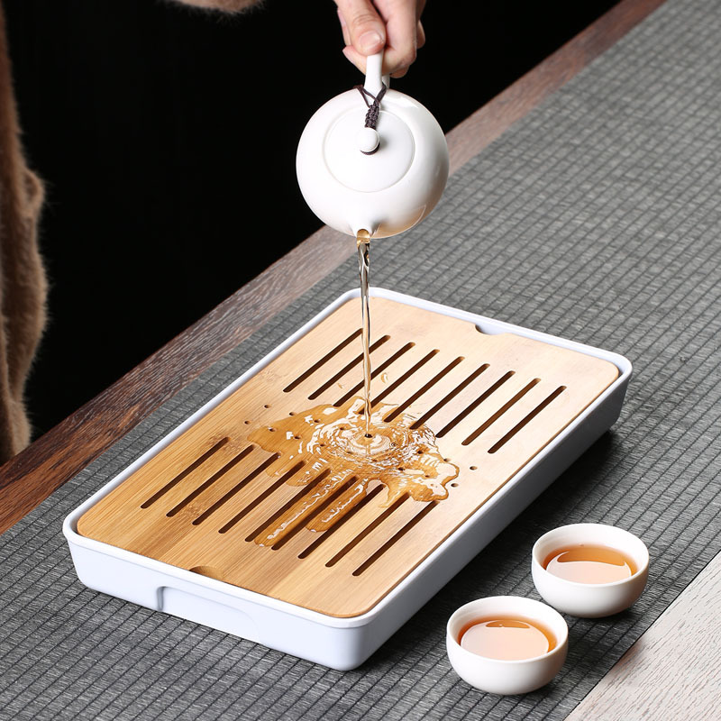 苏氏陶瓷圆形简易家用办公干泡茶盘陶瓷竹 茶台 茶托 茶道 储水 大号长方形形干泡茶盘