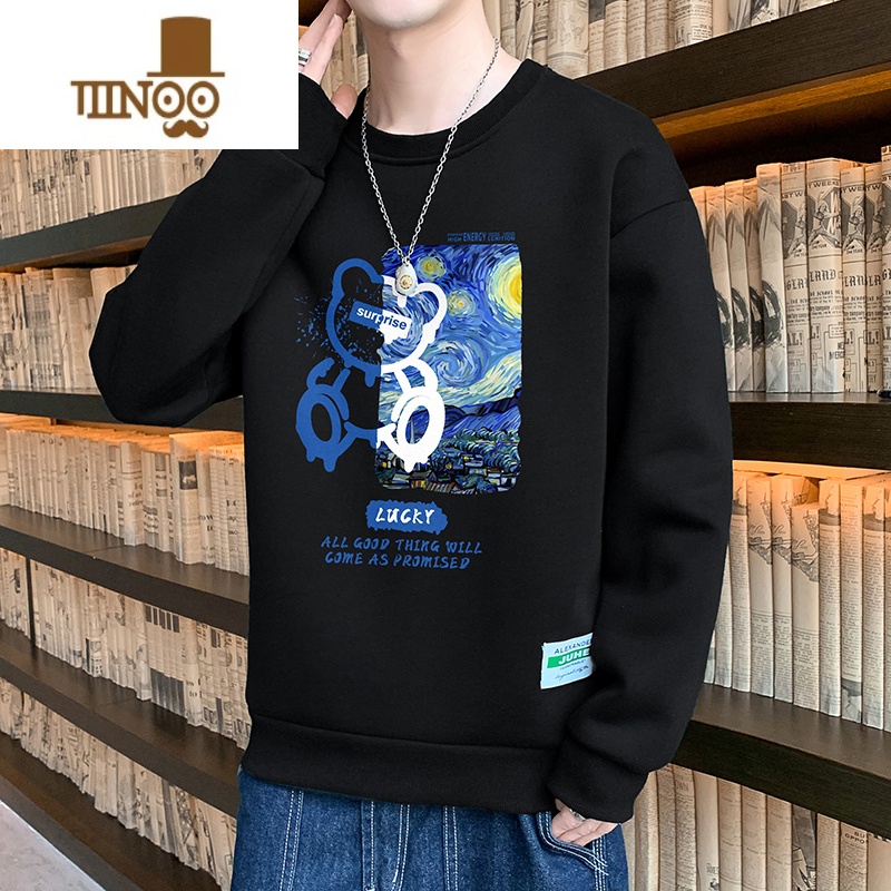 YANXU长袖T恤男休闲高街小熊印花宽松时尚潮搭男装设计感上衣服高清大图