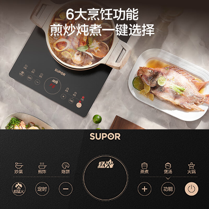 苏泊尔(SUPOR)电磁炉家用2200W大功率超猛火电池炉新型智能爆炒炒菜一体耐用面板纤薄火锅炉 C22-IA823C高清大图
