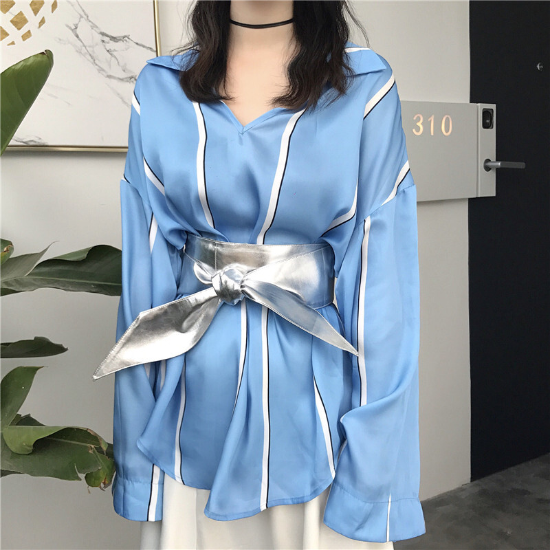帅气竖条纹绑带收腰V领上衣百搭学生夏季宽松套头长袖衬衣女 条纹衬衣(送腰带) 均码