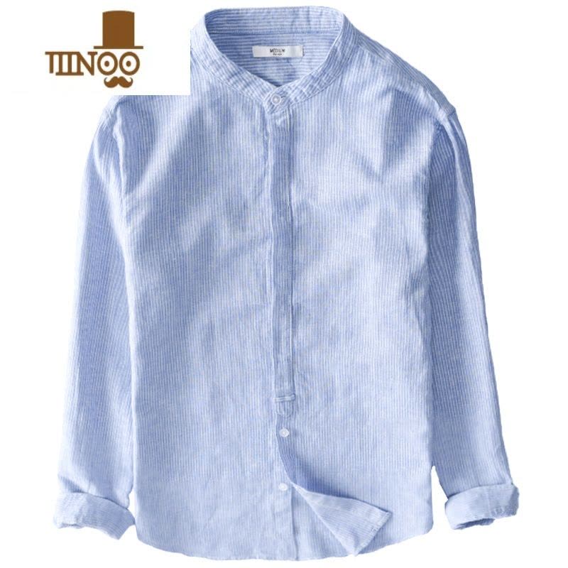 YANXU日系条纹亚麻衬衫男长袖休闲复古宽松立领棉麻衬衣男外穿夏季上衣图片